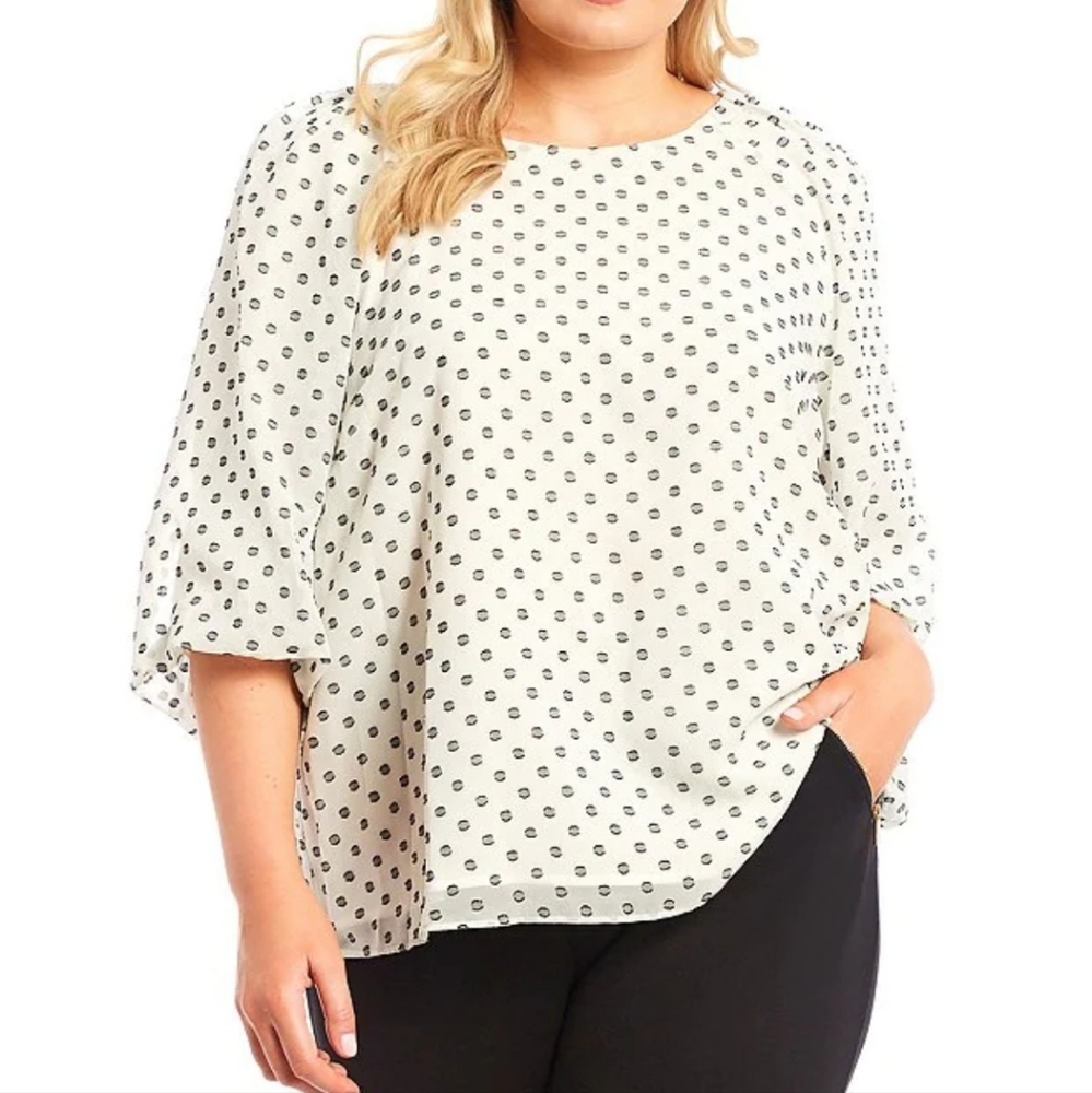 Calvin Klein Plus Puff Raglan Sleeve Round Neck Top, Womens, 2X, White/Black Dot